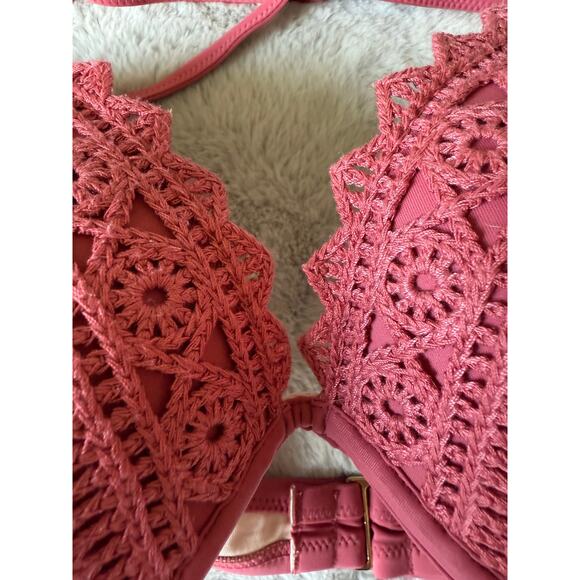 Shade & Shore 34DD Crochet Halter Bikini Top Pink Underwire Swim Bra Large Cup - Picture 2 of 8